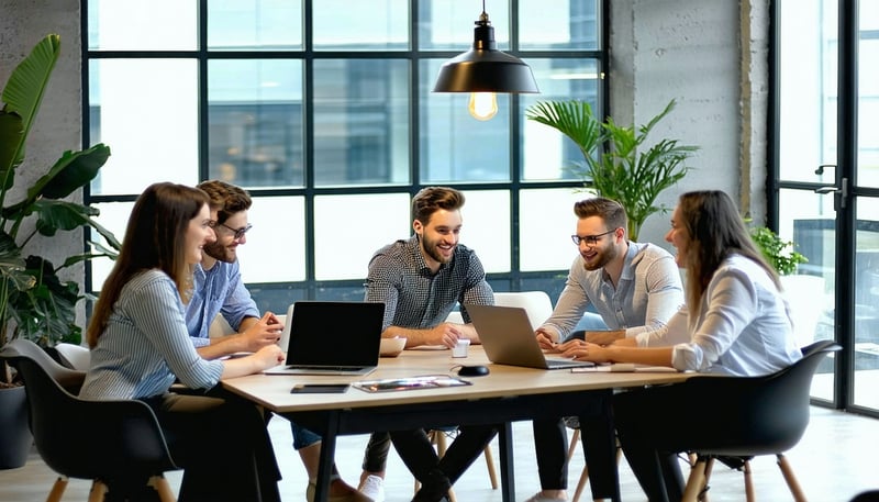 Test company team collaborating in a modern workspace Test company team collaborating in a modern workspace